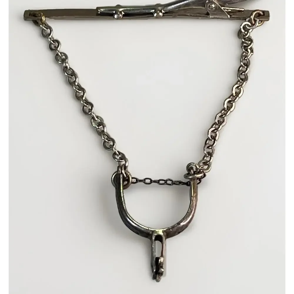 Vintage Sterling Silver Boot Spur Tie Clip Chain Silver Tone Western Cowboy 3”